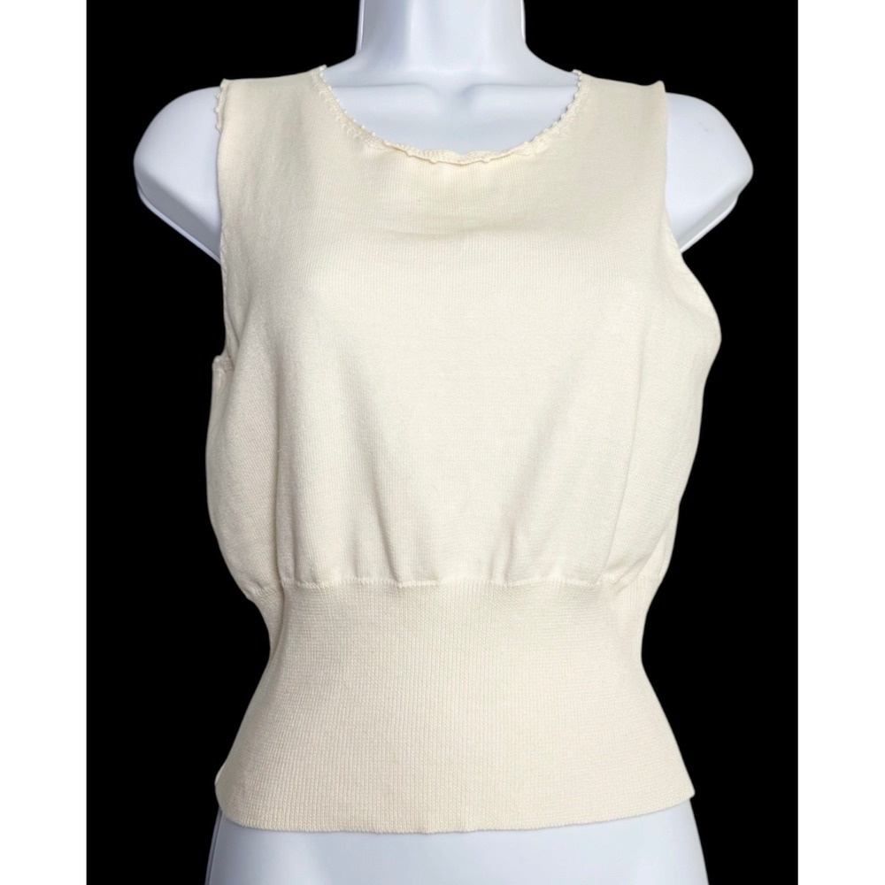 April Cornell Knit Tank Top Womens Small Cream Scalloped Neck Cotton Blouson